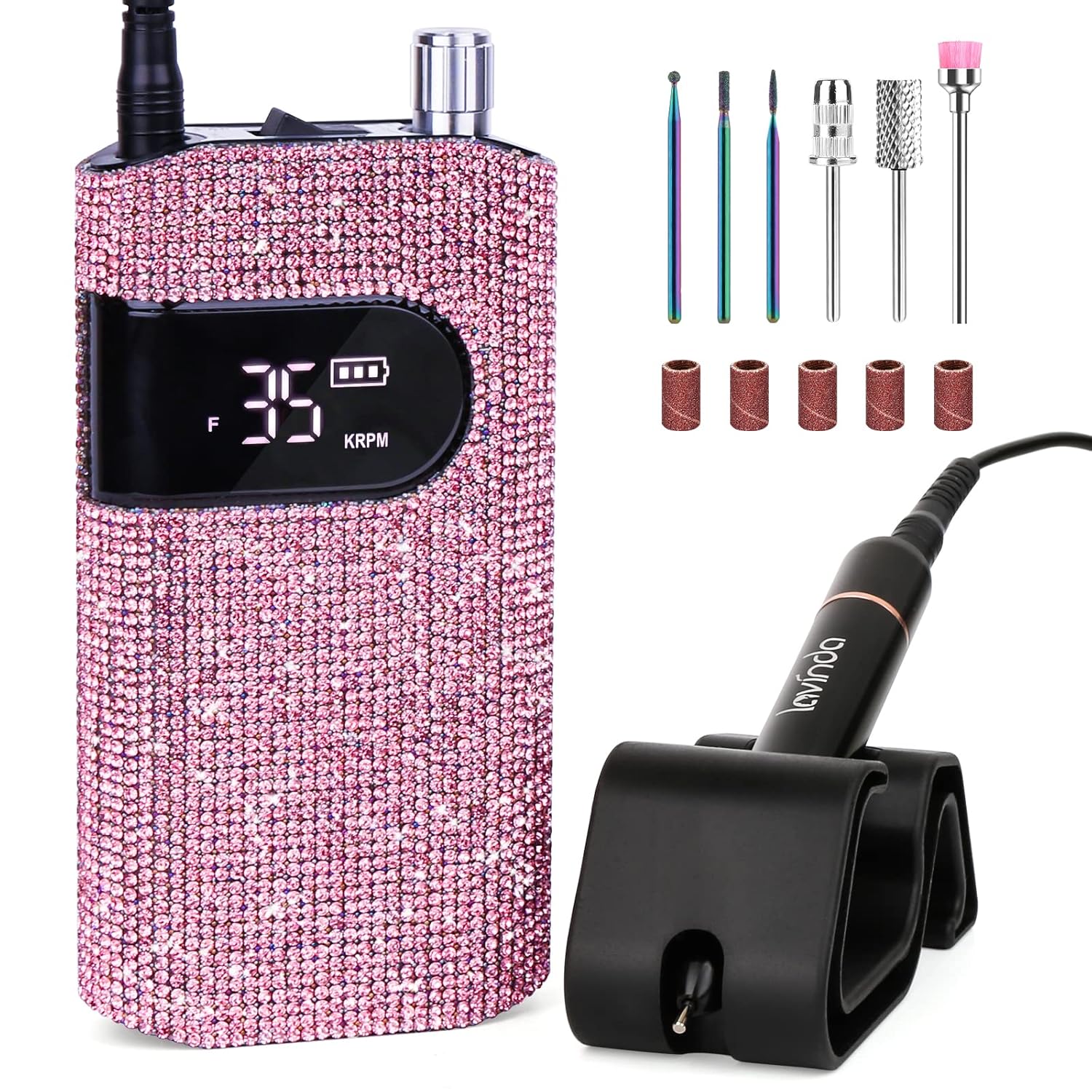 Lavinda Cordless Nail Lamp, UV LED Nail Lamp 56W Nail Dryer for Gel Polish & Professional Nail Drill Machine 35000RPM Electric Nail File for Acrylic Gel Nails Pink Diamond