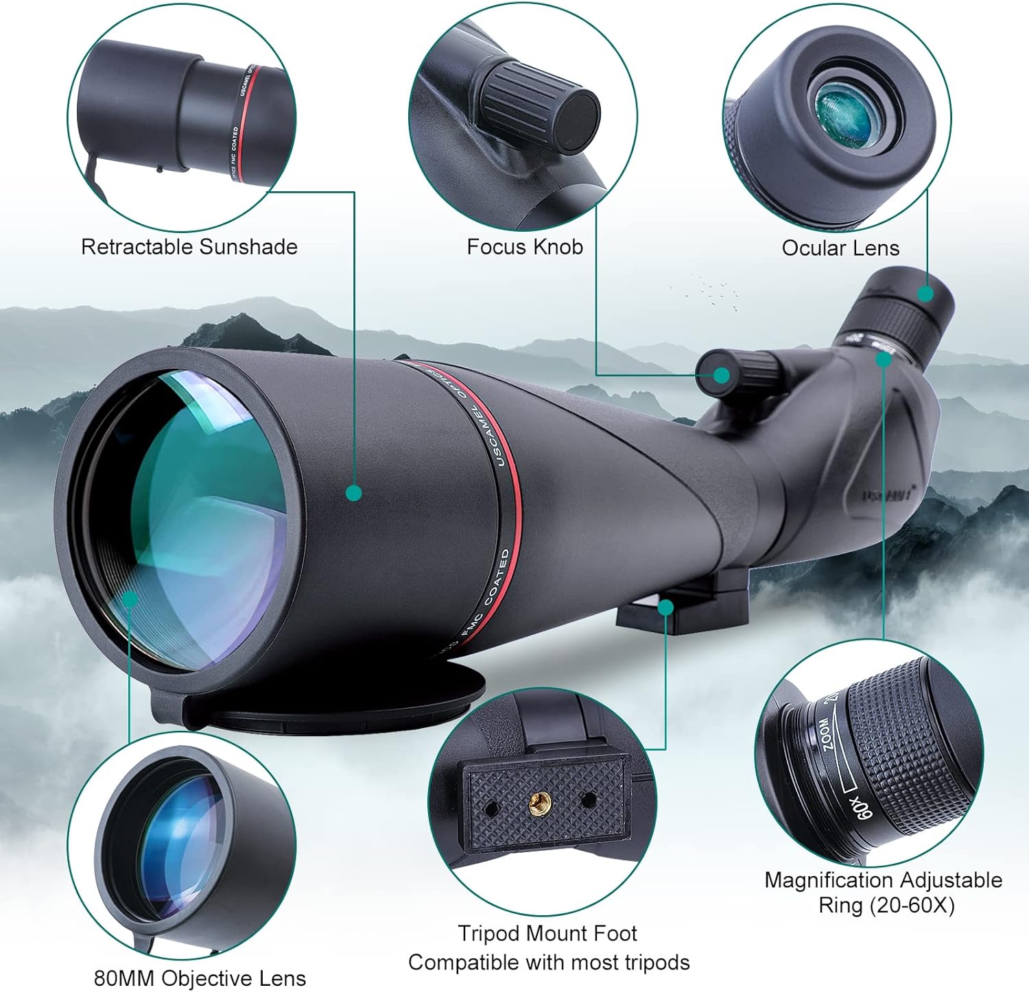 USCAMEL HD 20-60x80 Spotting Scope with Tripod, Phone Adapter, Carrying Bag - 45 Degree Angled, Waterproof, BAK4 Telescope for Bird Watching Wildlife Scenery Target Shooting Hunting