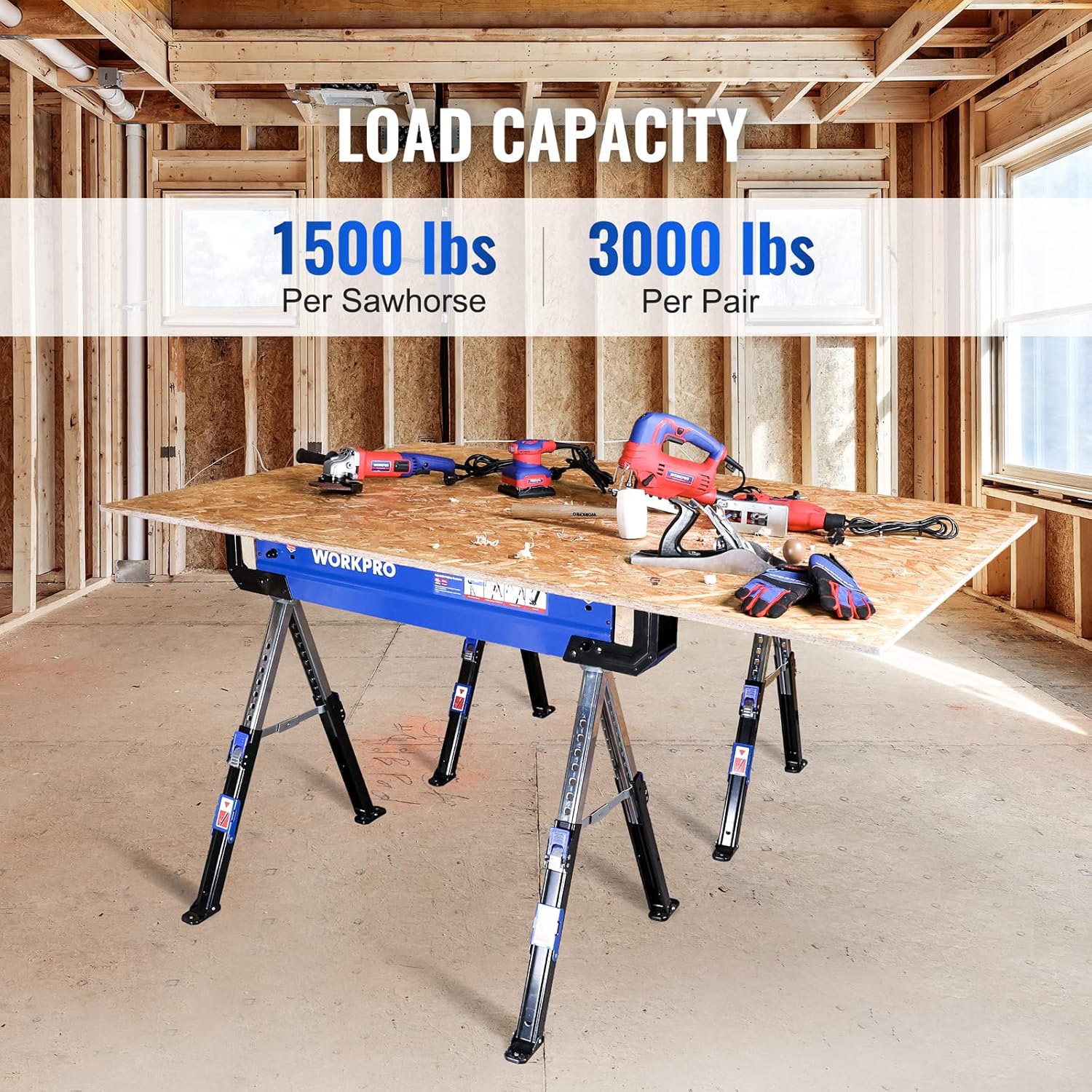 WORKPRO Folding Sawhorse, 2-Pack Adjustable Heavy Duty Saw horse with 2x4 Support Arms, 3000 lbs Load Capacity, 24-32 inch Height Adjustable Legs, Pivoting Feet & Support Pegs