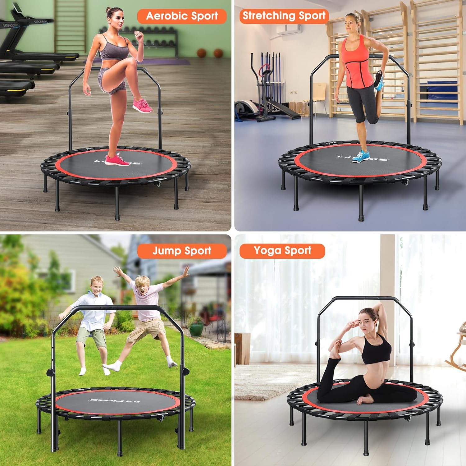 48" Bungees Rebounder Trampoline for Adults, 330LBS Fitness Trampoline Foldable Mini Trampoline,3 Level Adjustable Foam Handle, Stable & Silent Exercise Trampoline for Adults Indoor Workout