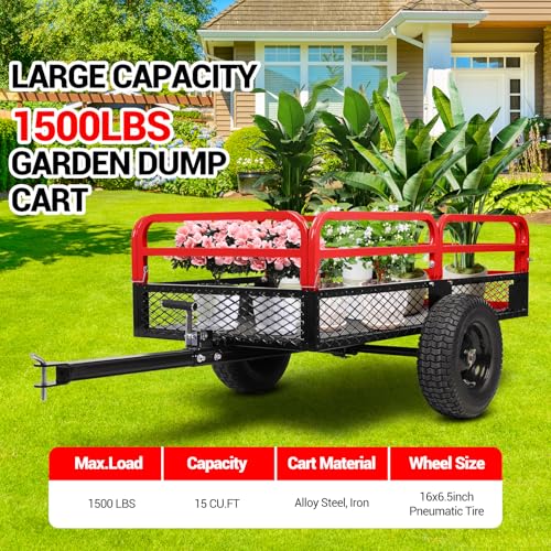 Heavy Duty Steel Dump Cart & Utility Trailer 1600LB Capacity ATV/Lawn Tractor Hauler with Dual Dumping Modes (Manual/Foot Pedal), All-Terrain Tires & Dual Bearings for Garden, Farm, Firewood