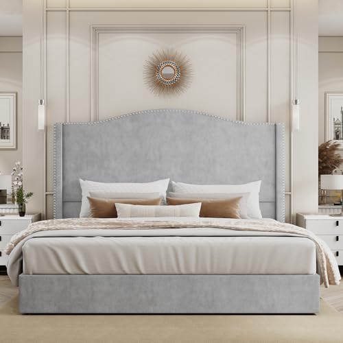 Jocisland Lift Up Storage Bed Queen Size, Upholstered Platform Bed Frame Tall Headboard Wingback, Hydraulic Lifting Underneath/Wood Slats Support (Black)