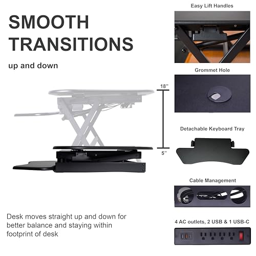 Rocelco 46" Height Adjustable Corner Standing Desk Converter with AC Outlet USB Charger and Dual Monitor Arm Mount - Stand Up Tabletop Riser Workstation - Keyboard Tray - Black (R CADRB-46-ACUSB-DM2)