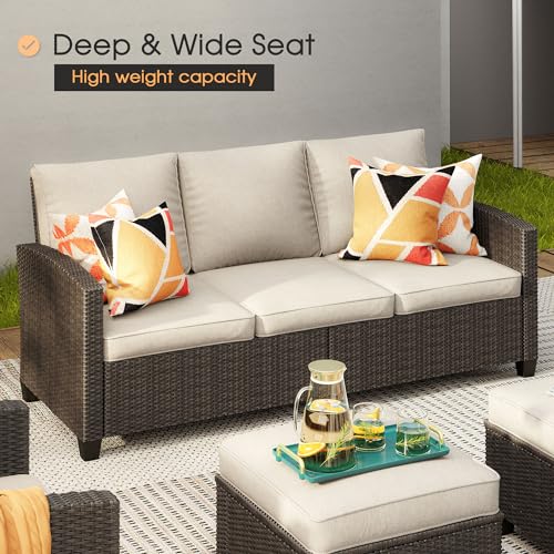 VICLLAX 6 Pieces Patio Furniture Set with 45-Inch Firepit Table, Outdoor Wicker Conversation Set with 3-seat Sofa, 4 Single Wicker Sofas and Metal Top Fire Pit Table for Garden, Poolside, Backyard