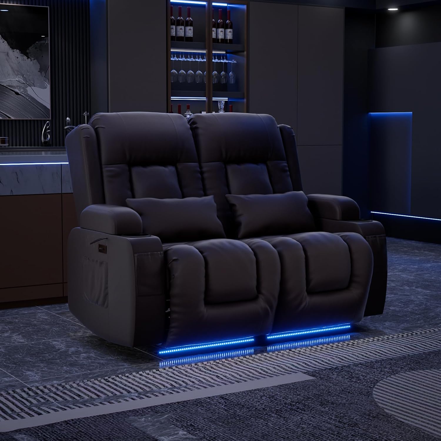 Home Theater Seating, Faux Leather Power Recliner Chair with Massage& Heat, RV Loveseat Sofa Theater Seats with LED Lights/Lumbar Pillow/Cup Holders/Side Pockets (Brown)