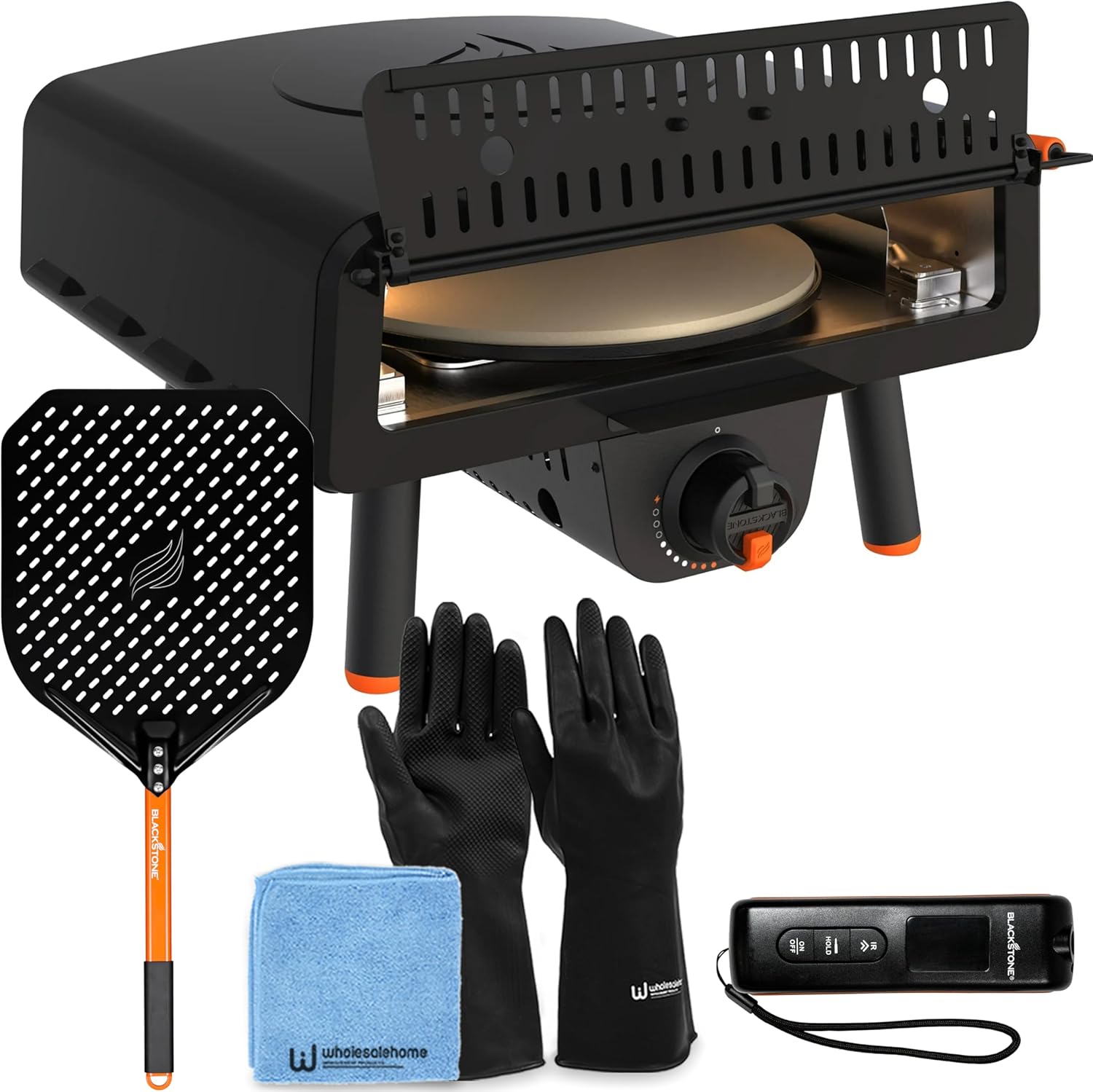 Blackstone Leggero Pizza Oven, Portable Outdoor Pizza Oven with 13" Rotating Stone, Blackstone Infrared Thermometer with Probe, Blackstone Black Aluminum Pizza Peel, and Wholesalehome Gloves & Cloth