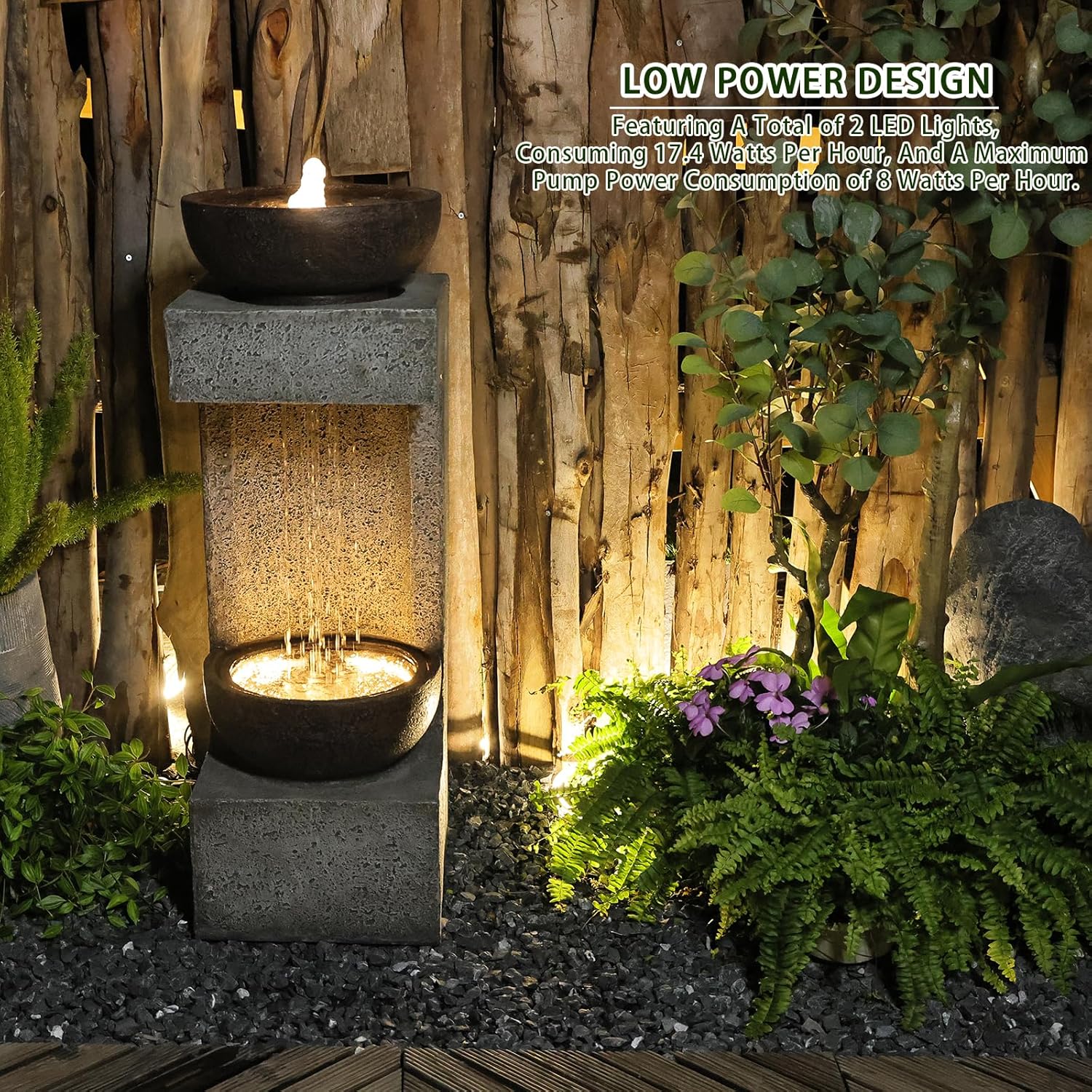 33.9" H Water Fountain Outdoor Garden Waterfall Decor for Garden, Patio, Backyard, Deck, Porch and Home Art Decor, Modern Tiered Outdoor Fountain with Lights and Stone Planter