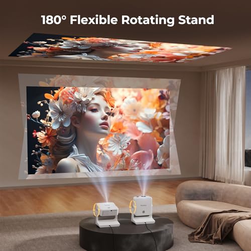 [1200 ANSI/Google Store/Voice Control] 4K Outdoor Smart Projector with WiFi6 and Bluetooth, 10,000+ Apps, Portable Proyector, Sovboi 1080P Audio Phone Movie Home [180° Stand & 300 ''Display]