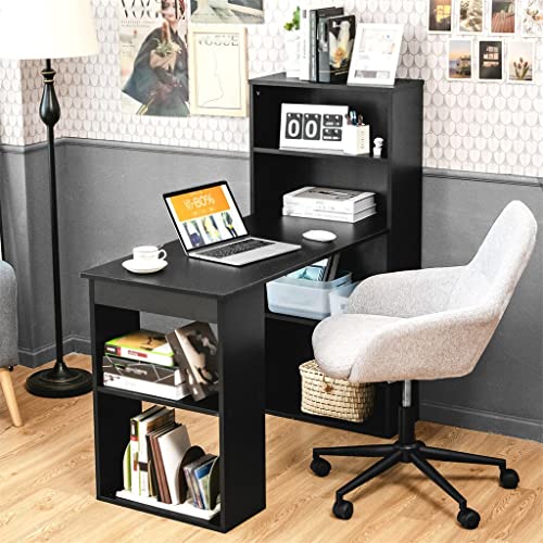 Computer Desk Writing Workstation Office with 6 Tier Storage Shelves in Black Desk (D As shown)