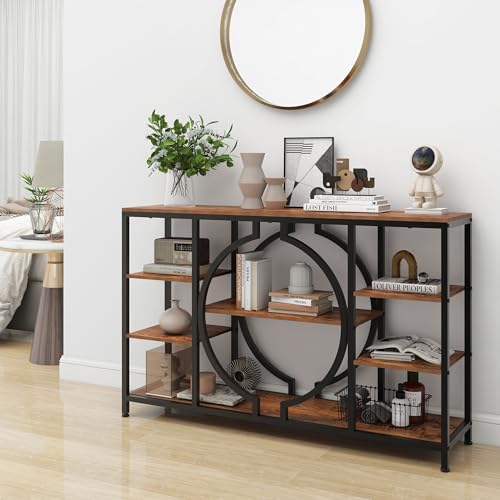 GiftGo 47" Industrial Console Tables for Entryway Rustic Sofa Table Behind Couch 4 Tier Wooden Shelves Entry Table with Storage for Foyer, Hallway, Front Door,Living Room (Rustic Brown, 47")