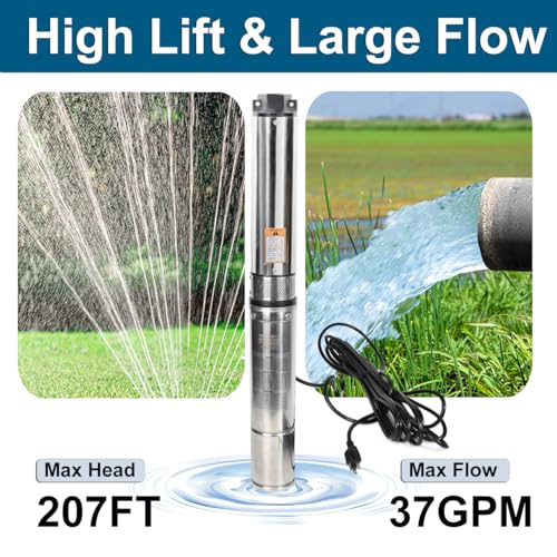Deep Well Submersible Pump,1 hp, 115V, 60 Hz, 33 GPM, 207' Head, Stainless Steel, 4", 33 Feet Electric Cord, Long Life M#05