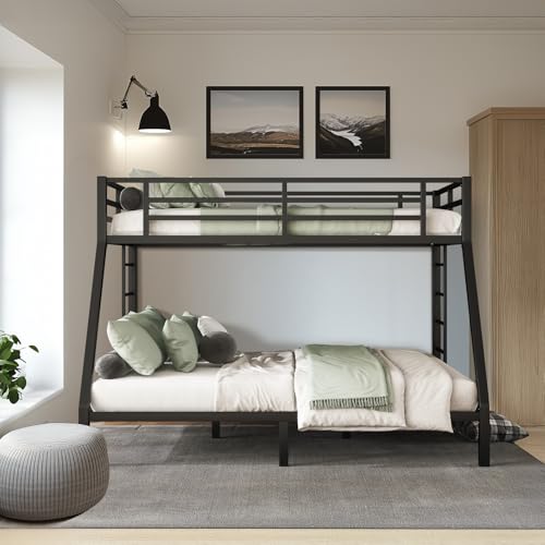 Twin XL Over Twin XL Bunk Bed, Metal Bunk Bed Frame Heavy Duty Bunk Beds Loft Bed Frame with Ladder and Guardrail Metal Slats No Box Spring Required for Adults Teens, Black