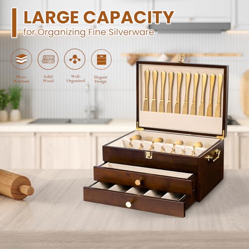 Silverware Storage Box, 2-Layer Flatware Storage Case with Drawer, Wooden Silverware Chest with Linen Liner, Rustic Silverware Case for Storing Fine Flatware and Utensils (Walnut)