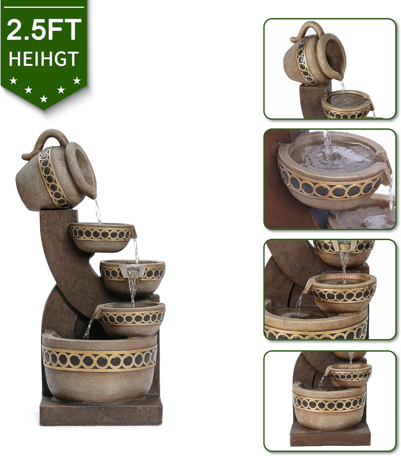 LuxenHome Outdoor Water Fountain, 5 Tiered Polyresin Cascading Pitchers Outdoor Fountains and Waterfalls, Water Fountain Decor for Patio, Yard, and Garden, Water Feature Waterfall Fountains Outdoor