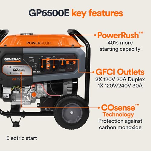 Generac 8,000-Watt Gas-Powered Portable Generator - Electric Start with COsense - PowerRush Advanced Technology - Reliable Power for Emergencies, Recreation, Home - 49 State Compliant - Orange/Black