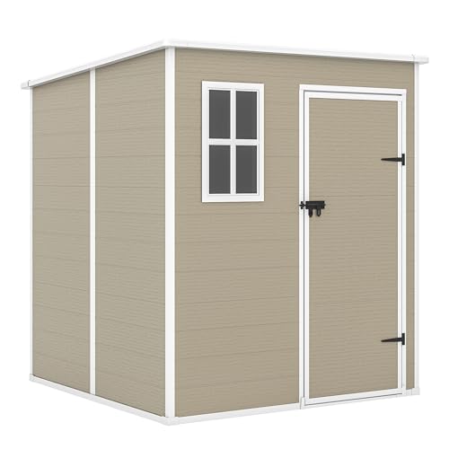 Outdoor Storage Shed, 6x6 FT Resin Shed with Floor and Lockable Door, Window, Vents, Tool Sheds and Outdoor Storage for Bike, Garden Accessories, Tools, Waterproof (Grey & White)