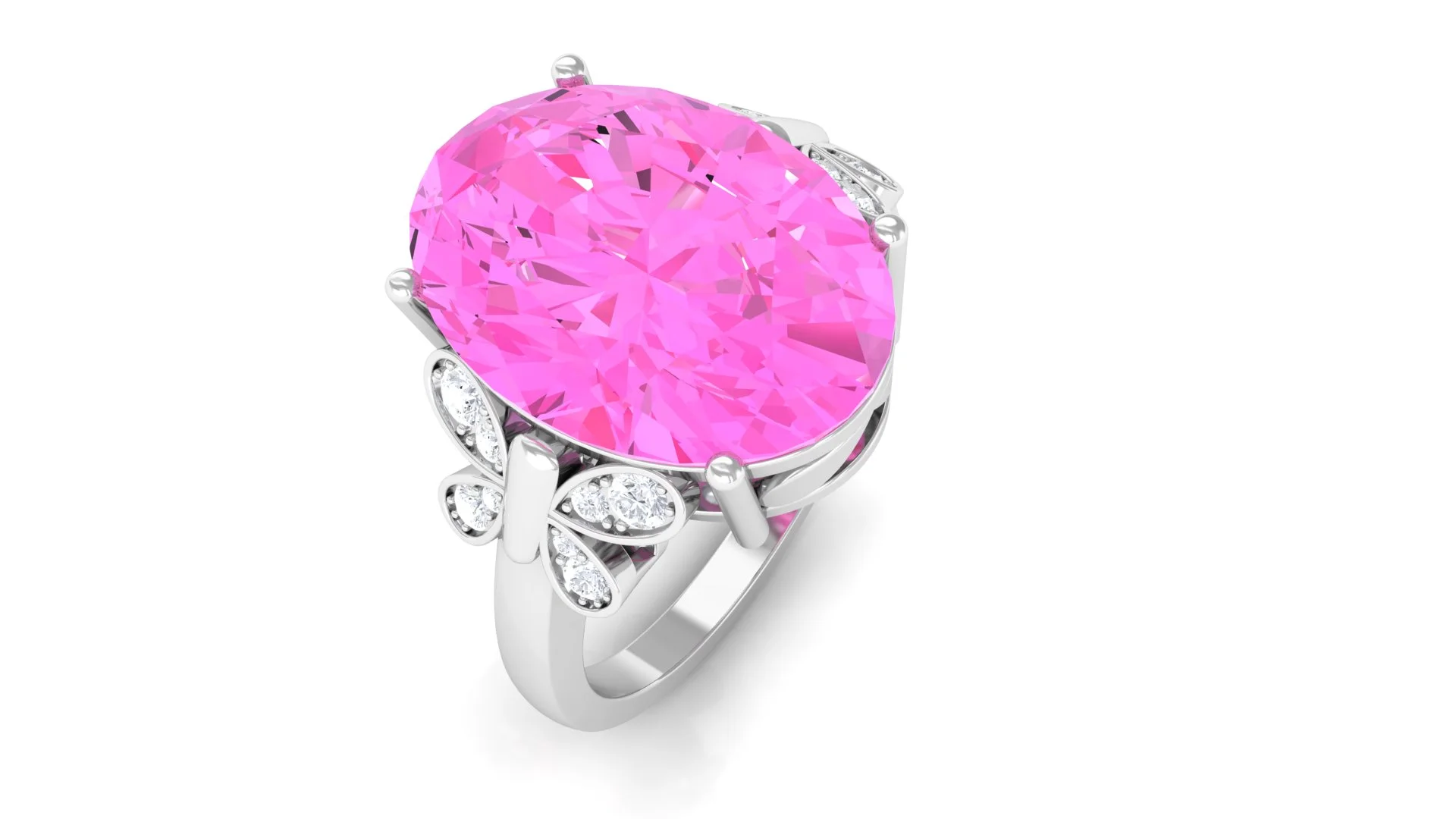 Oval Created Pink Sapphire Solitaire Ring with Diamond for Women - 10X14 mm, 925 Sterling Silver, US 4.00
