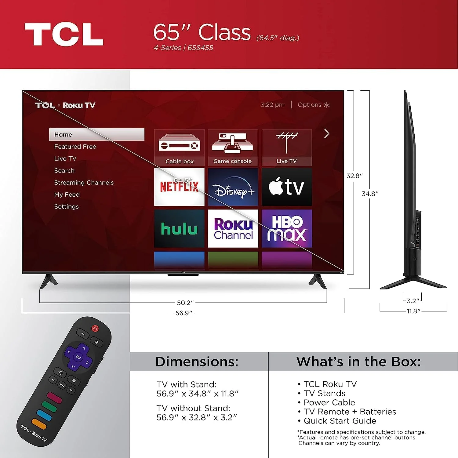 TCL 65" CLASS 4-SERIES 4K UHD HDR LED SMART ROKU TV - 65S455