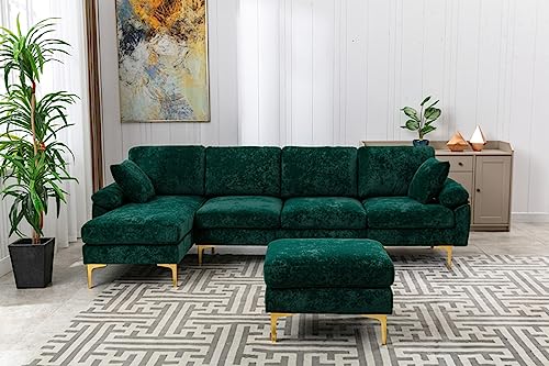 U-Shaped Sectional Sofa Couch, 114 Inches Modern Fabric Upholstered Accent Sofa with Chaise Lounge, Ottoman and 2 Pillows, Convertible Modular Large Sofa Couch for Living Room, Purple