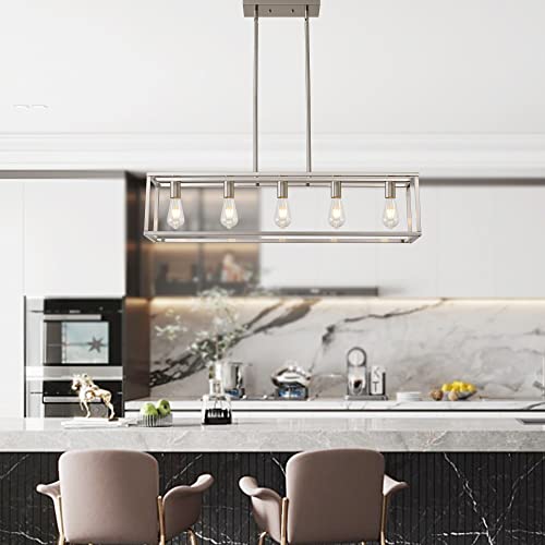 5 Lights Island Lighting Brushed Nickel Dining Room Chandelier Farmhouse Hanging Light Fixture Modern Kitchen Island Linear Lighting Farmhouse Chandelier for Bar Restaurant