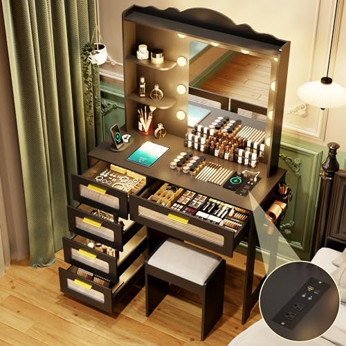 Makeup Vanity Desk with Mirror and Lights-Vanity Table with 5 Drawers&2 Shelves-Vanity Set for Bedroom-Dressing Table with 10 Light Bulbs-Desk Vanity with USB Port&Human Sensor Design-White