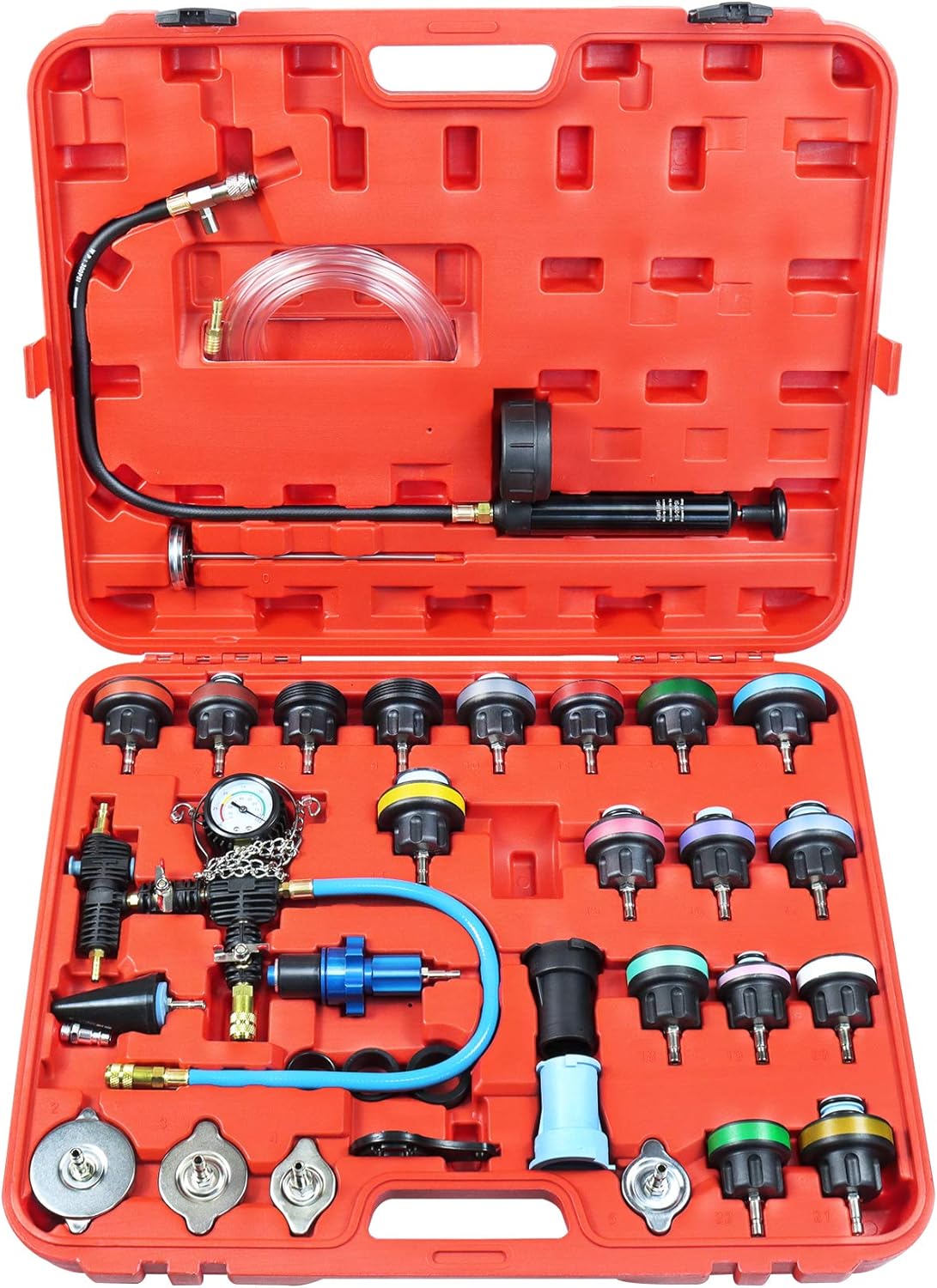 YSTOOL Radiator Pressure Tester Coolant Vacuum Refill Kit 33PCS Automotive Cooling System Leak Test Pneumatic Water Tank Purge Fill Tool Set with Gauge Adapter Cap Universal for Auto Car Airlift