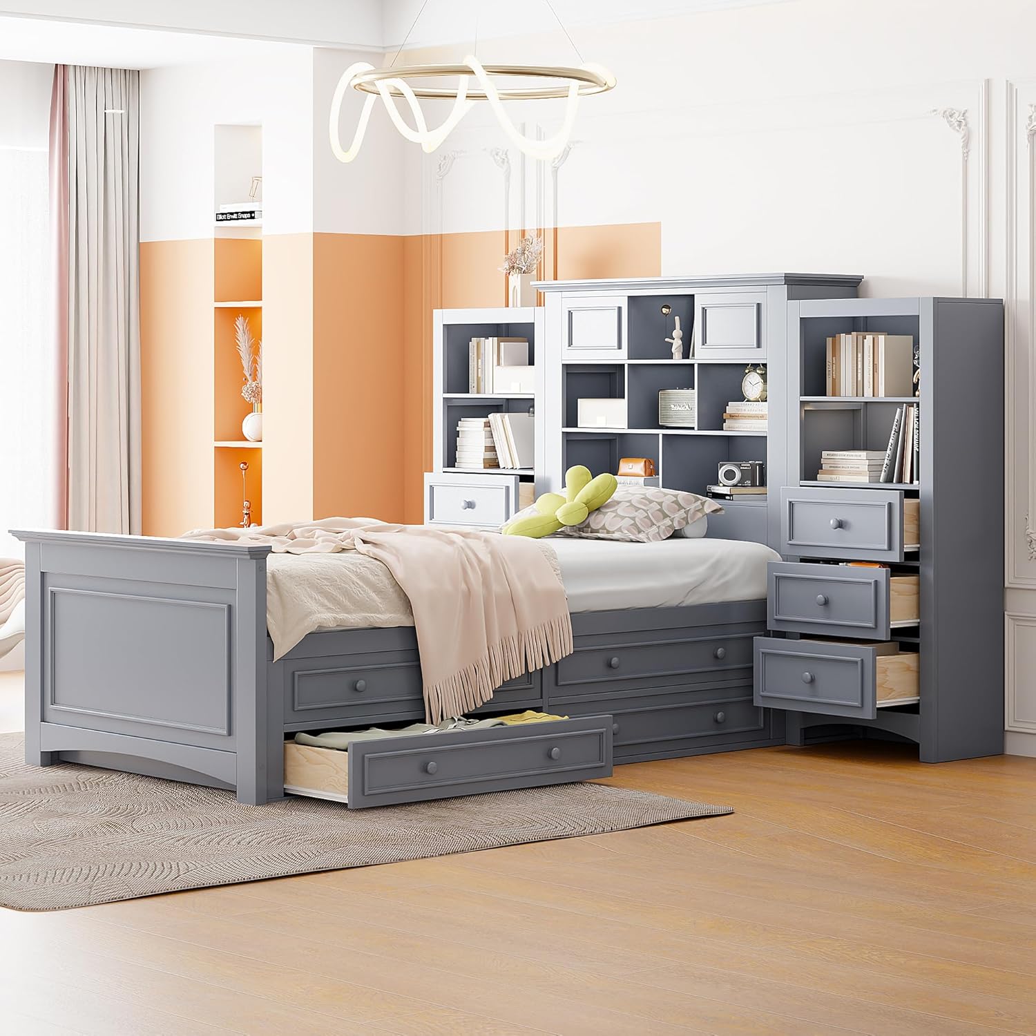 Twin Size Wood Platform Bed Frame with Bookcase Headboard and 4 Drawers on Each Side, Multi-Functional Beds with 12 Storage Shelves and 6 Drawers, for Bedroom Furniture, Space Saving, Gray