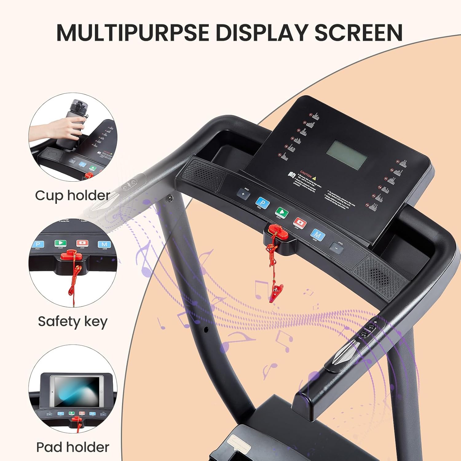 2.5 HP Folding Treadmill, Easy to Move, with 3-Speed Incline Adjustment and 12 preset Programs, 3 Countdown Modes, Heart Rate, Bluetooth, etc., Suitable for Home and Gym use