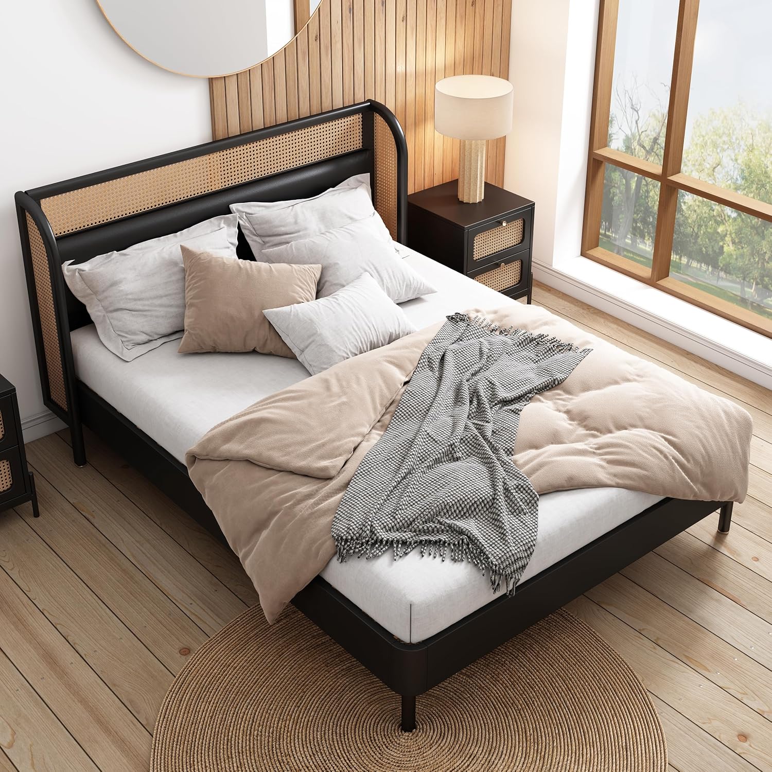 Rattan Platform Bed Queen Size with Wingback Headboard, Mattress Foundation w/Strong Wooden Slats, Modern Queen Bed Frame No Box Spring Needed, No Noise