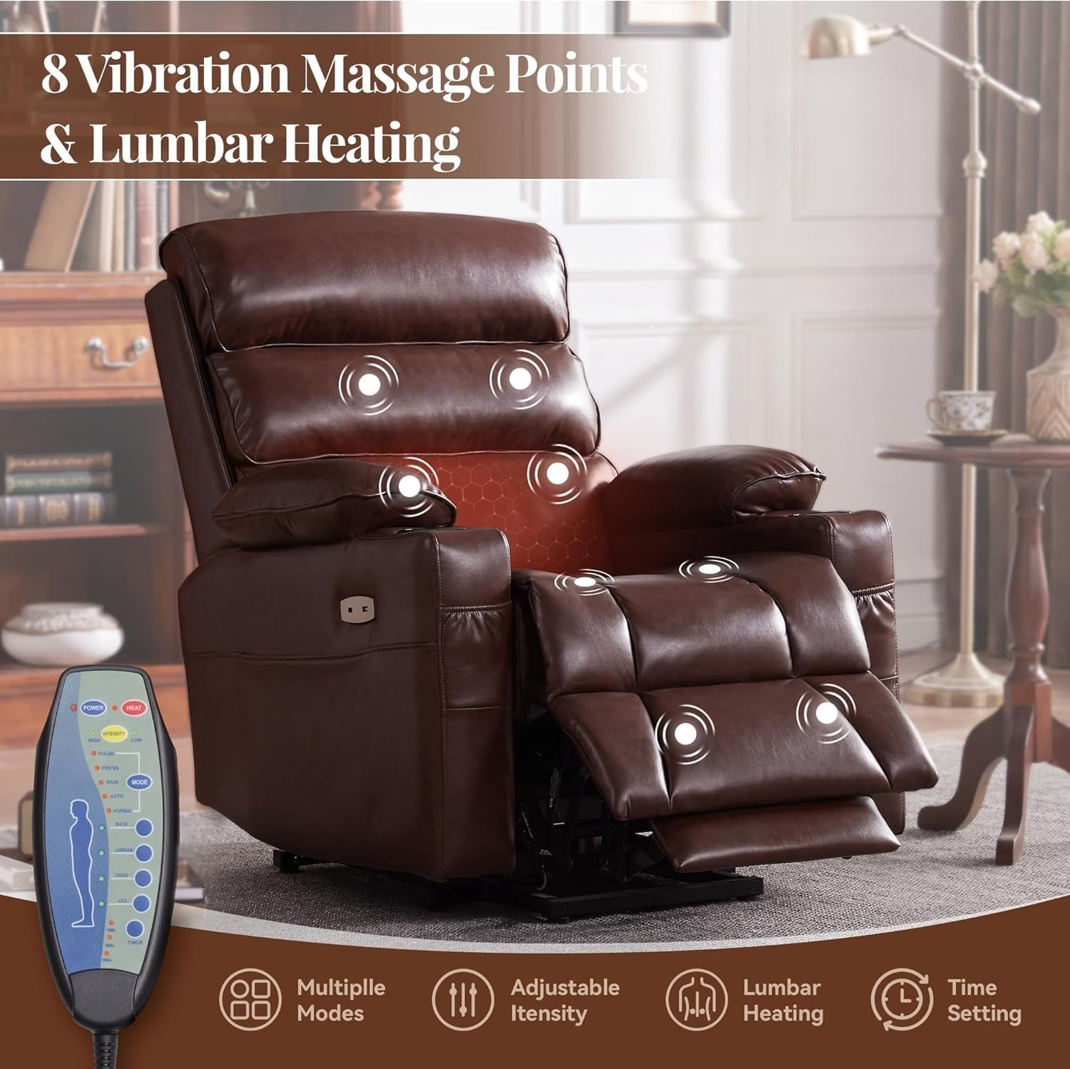 Leather Power Lift Recliner Chair for Elderly with Massage and Heated, Electric Lift Chair for Seniors, Cup Holders, Side Pocket and USB Port