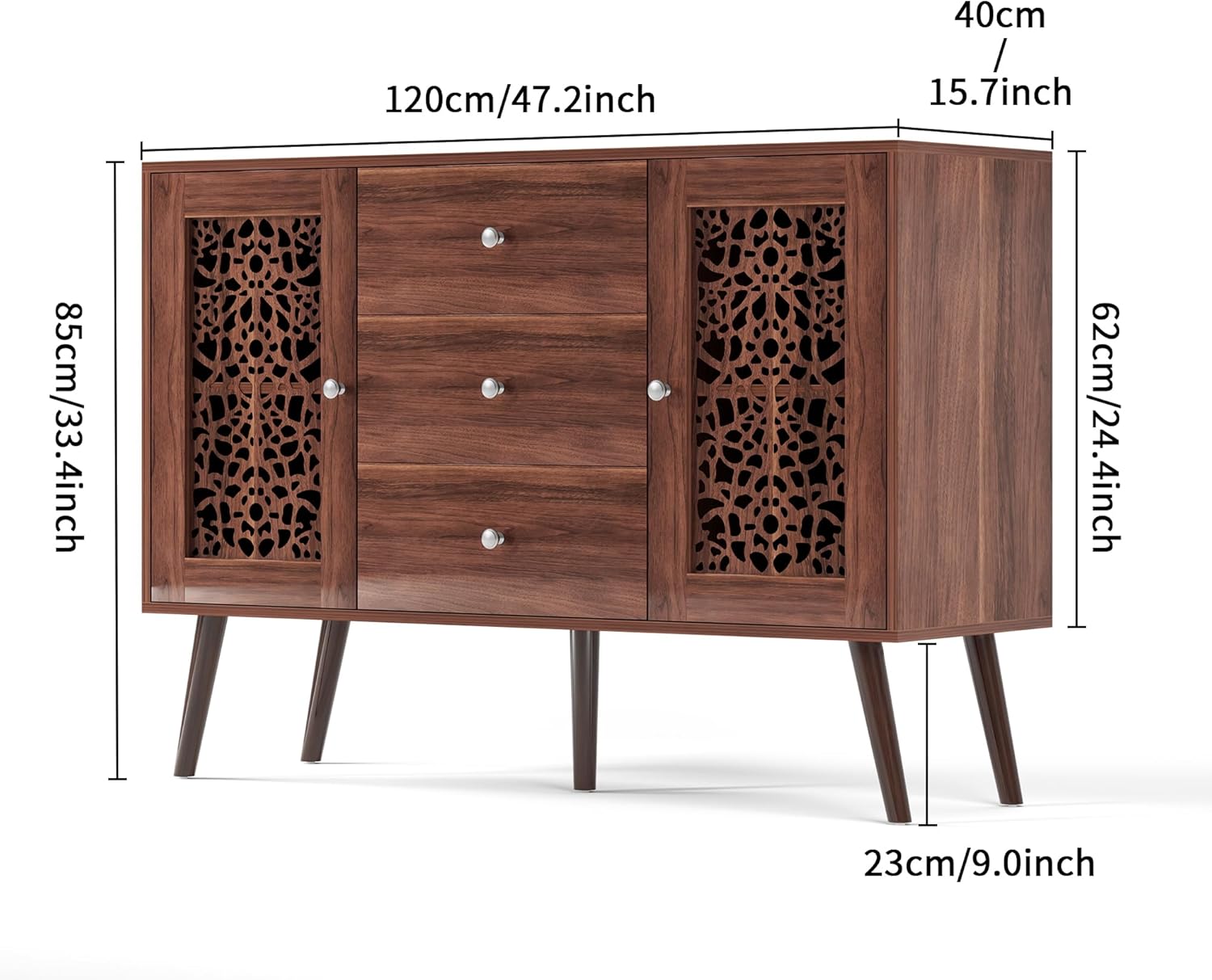 Hollow-Carved Accent Cabinet,Wood Coffee Bar Cabinet with 3 Drawers & 2 Doors, Adjustable Shelf,Retro Sideboard Buffet Cabinet for Dinning Room,Kitchen,Hallway,and Living Room