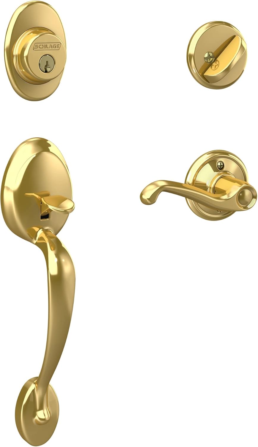 Schlage F60 V PLY 505 FLA 605 Plymouth Front Entry Handleset with Flair Lever, Deadbolt Keyed 1 Side, Bright Brass