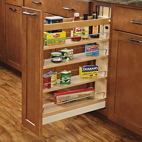 Rev-A-Shelf 8" Pull Out Shelf Organizer for Kitchen and Bathroom Base Cabinets, Wooden Slide Out Spice/Medicine Rack w/Soft-Close, 448-BCBBSC-8C