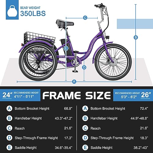 MOONCOOL Electric Tricycle Trike for Adults 350W 36V Removable Battery 24/26 Inches 7 Speeds 3 Wheels Electric Bikes Bicycle for Adults, Three Wheel Electric Cruiser Tricycle
