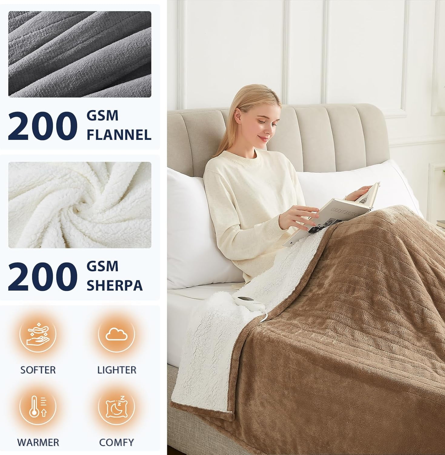 Homemate Electric Heated Blanket King Size , 100"x90" Heating Bed Blankets with 10 Heating Levels 8 Hours Auto Off Fast Heating Over-Heated Protection Ultra Soft Warm Flannel ETL Certified, Beige
