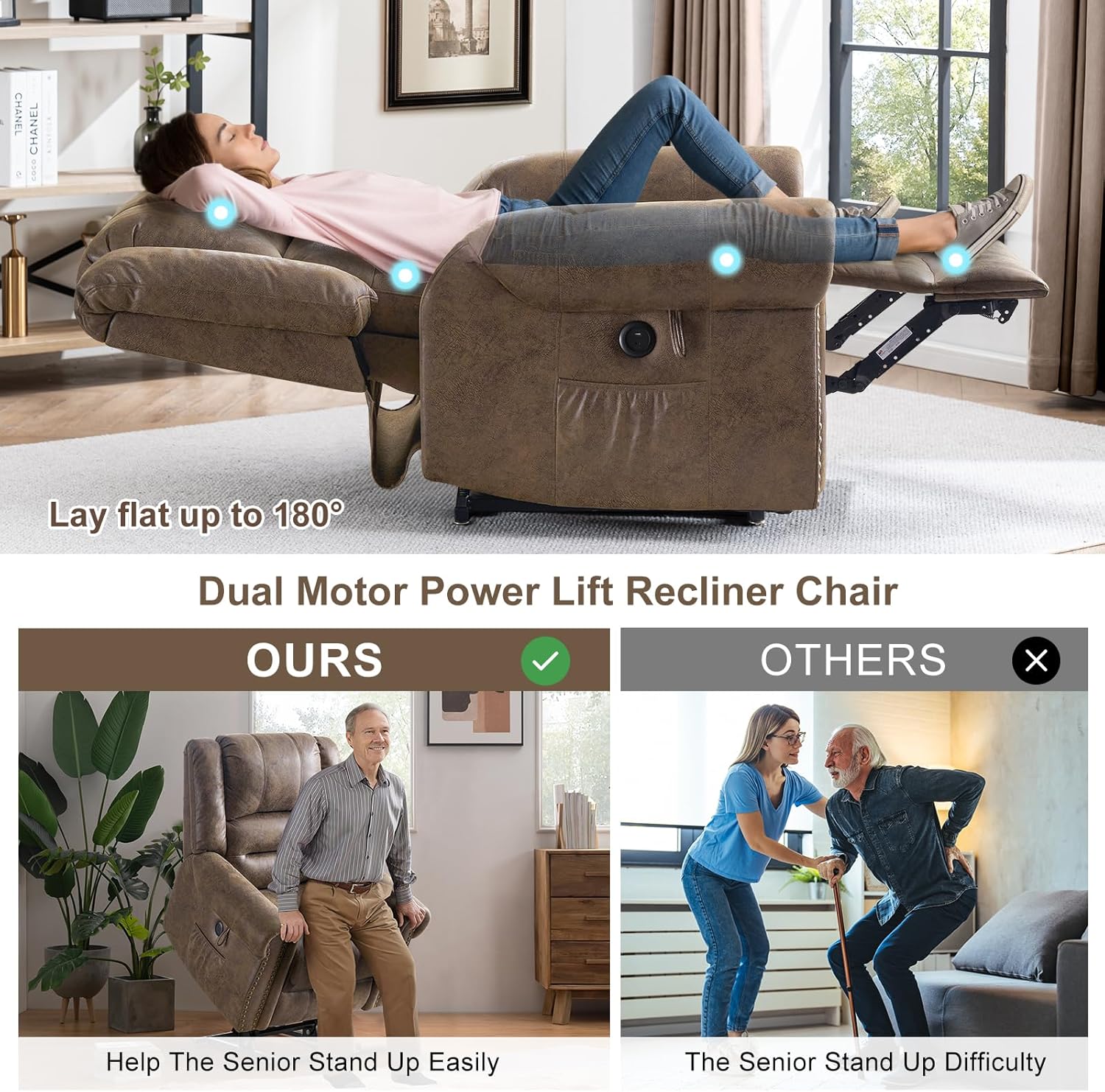 Lay Flat Dual Motor Power Lift Recliner Chair with Massage and Heat for Elderly, Breathable Leather Overstuffed Lift Chairs, Infinite Position Recliner Chairs for Sleeping, 1PC, Light Brown