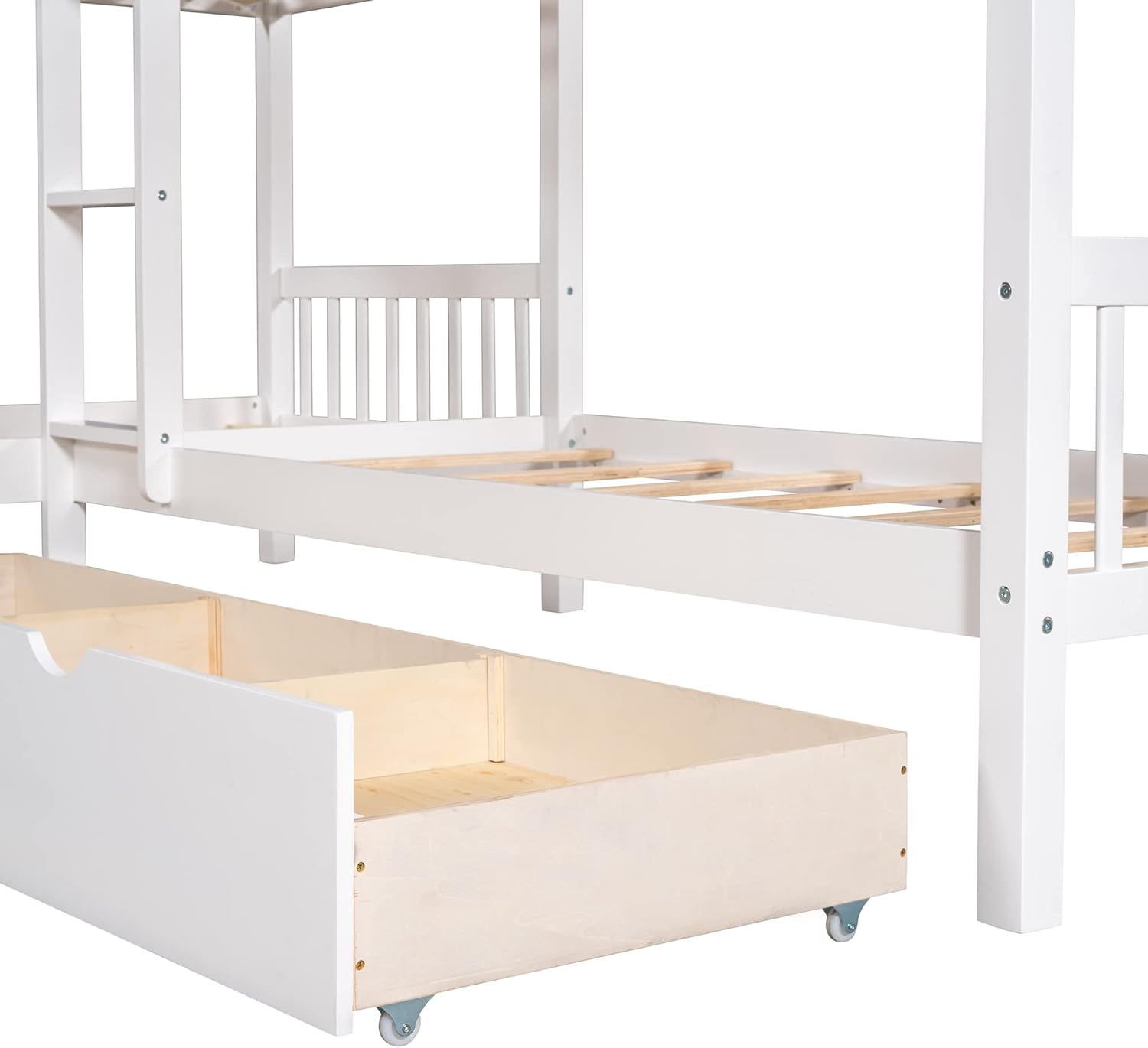 Wooden Bunk Beds For 4 Kids, Over L-Shaped Bunk Bed Frame With Storage Drawers (White)