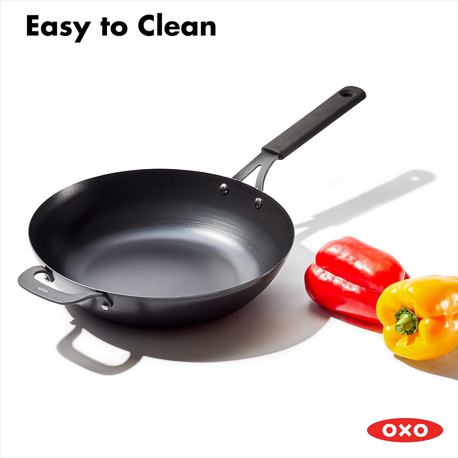 OXO Obsidian Pre-Seasoned Carbon Steel, 12" Wok Pan with Removable Silicone Handle Holder, Induction, Oven Safe, Black Pack of 2