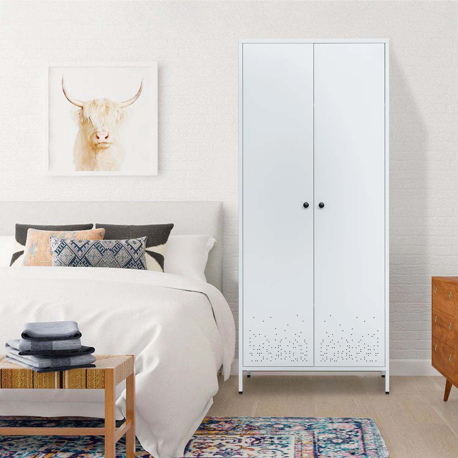 Storage Cabinet, Metal Wardrobe Armoire Closet with Hanging Rod for Bedroom, Laundry Room(White)