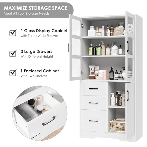 HIFIT 2 Pack Tall Bookshelves and Bookcases with Glass Display Cabinet Doors and 3 Drawers, Floor Standing Wood Storage Cabinet with Shelves, Modern Cabinet for Home Office, Living Room, Study, Black
