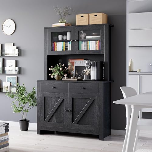 Kitchen Pantry Cabinet with Microwave Stand, Freestanding Hutch Cabinet with Buffet Cupboard, Tall Kitchen Cabinets with Adjustable Shelves for Kitchen, Dining Room, White