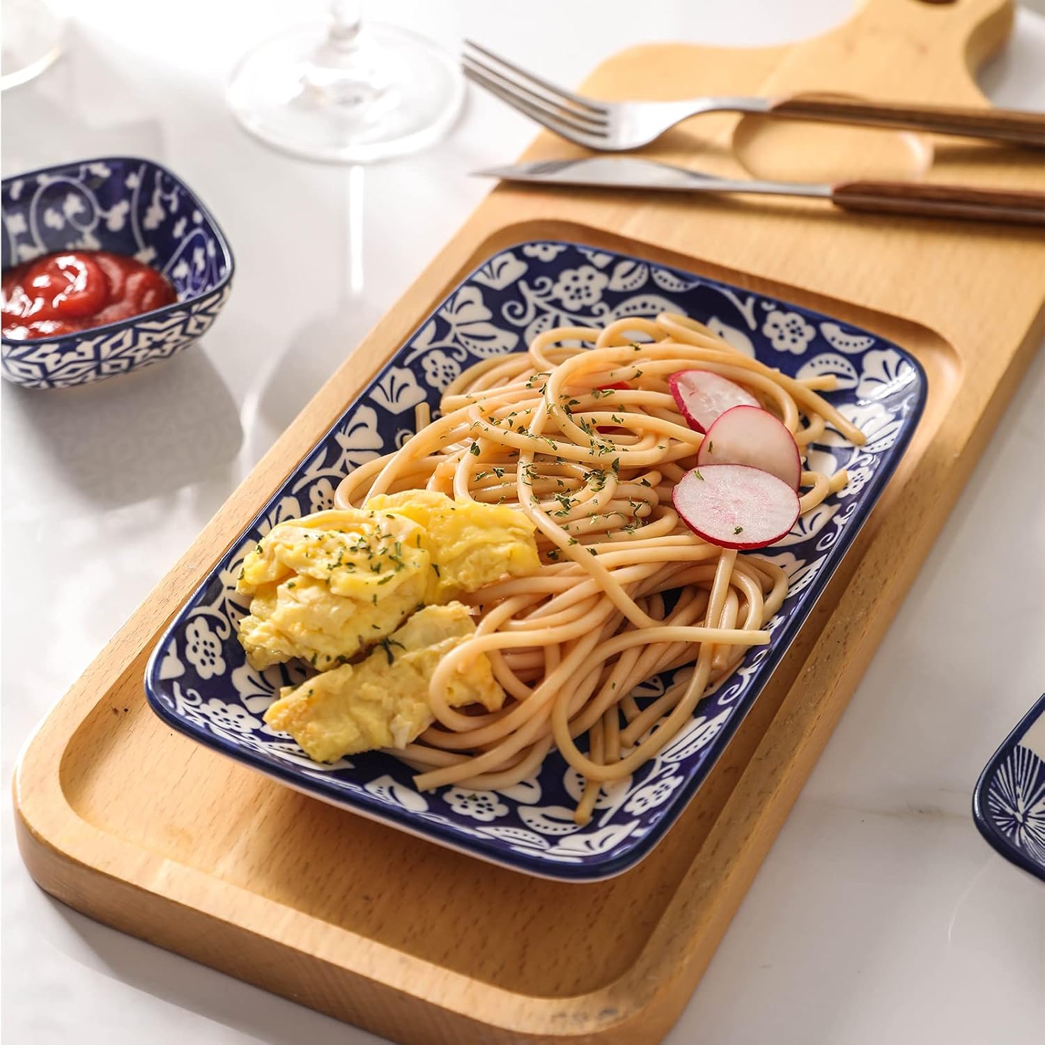Selamica Ceramic 16 Pieces Dinnerware Set for 4 + 8 Inch Rectangular Salad Plates, Vintage Blue