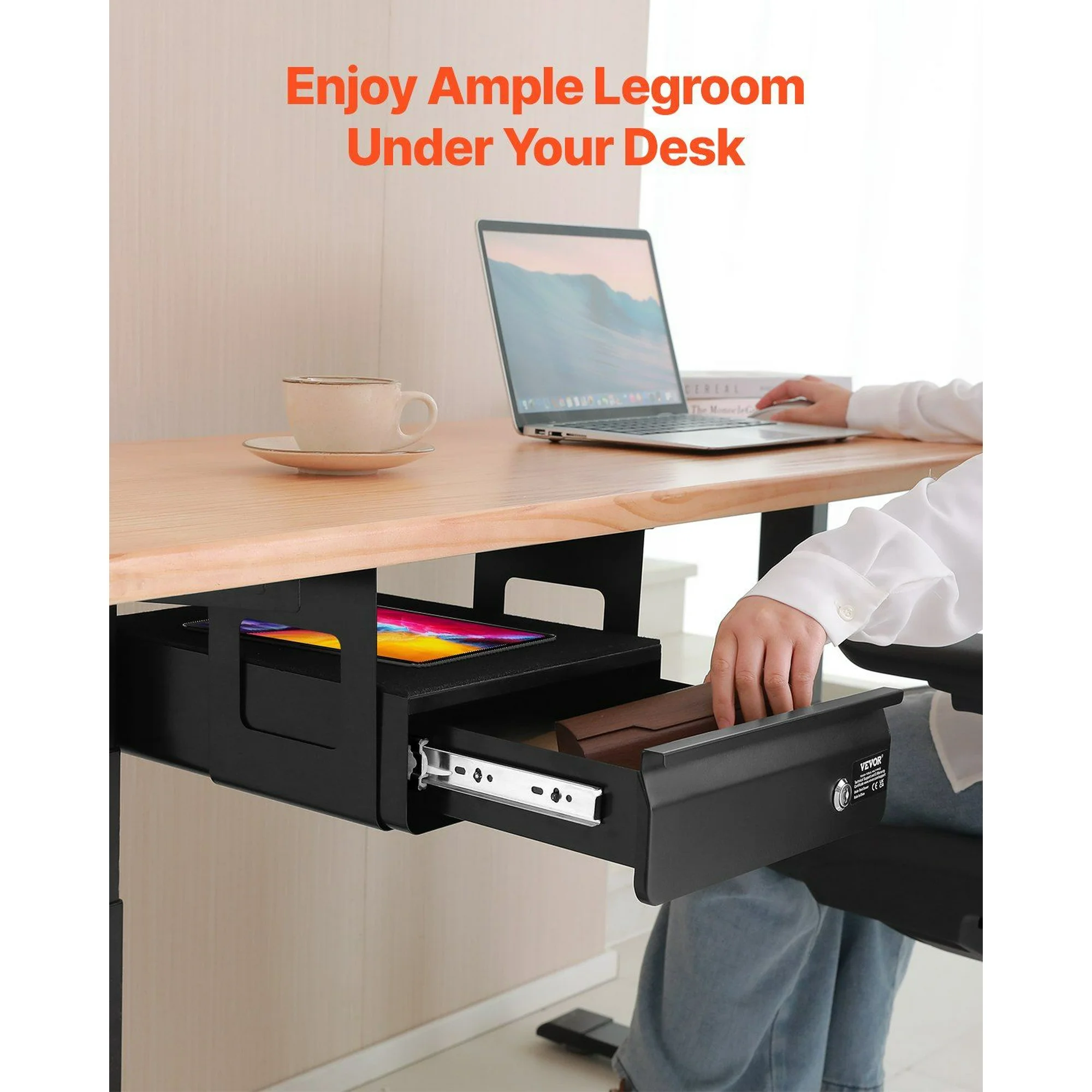 13 in Under Desk Lockable Storage Drawer, Retractable Organizer Tray for Workspace