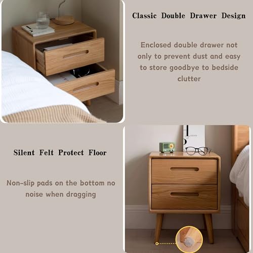 Solid Wood Night Stand, Original Wooden Colour Mid Century Modern Nightstand, Small Nightstand with Two Drawers, Bedside Tables for Living Room&Bedroom (1)