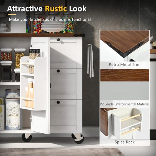 54.5" Farmhouse Mobile Kitchen Island with Power Outlet, Drop Leaf, Spice Rack and Drawer - Rolling Kitchen Cart with Ample Storage, Rustic Storage Islands for Home and Dining Room