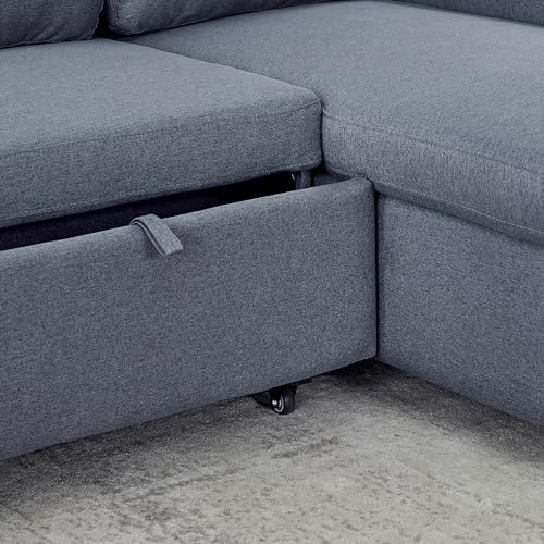 Convertible Sectional Sofa Couch, 3 Seat Sofa Set with Pullout Bed for Living Room, L-Shaped Modern Fabric Modular Sofa Sleeper with Storage Chaise for Office, Apartmen(Light Grey)