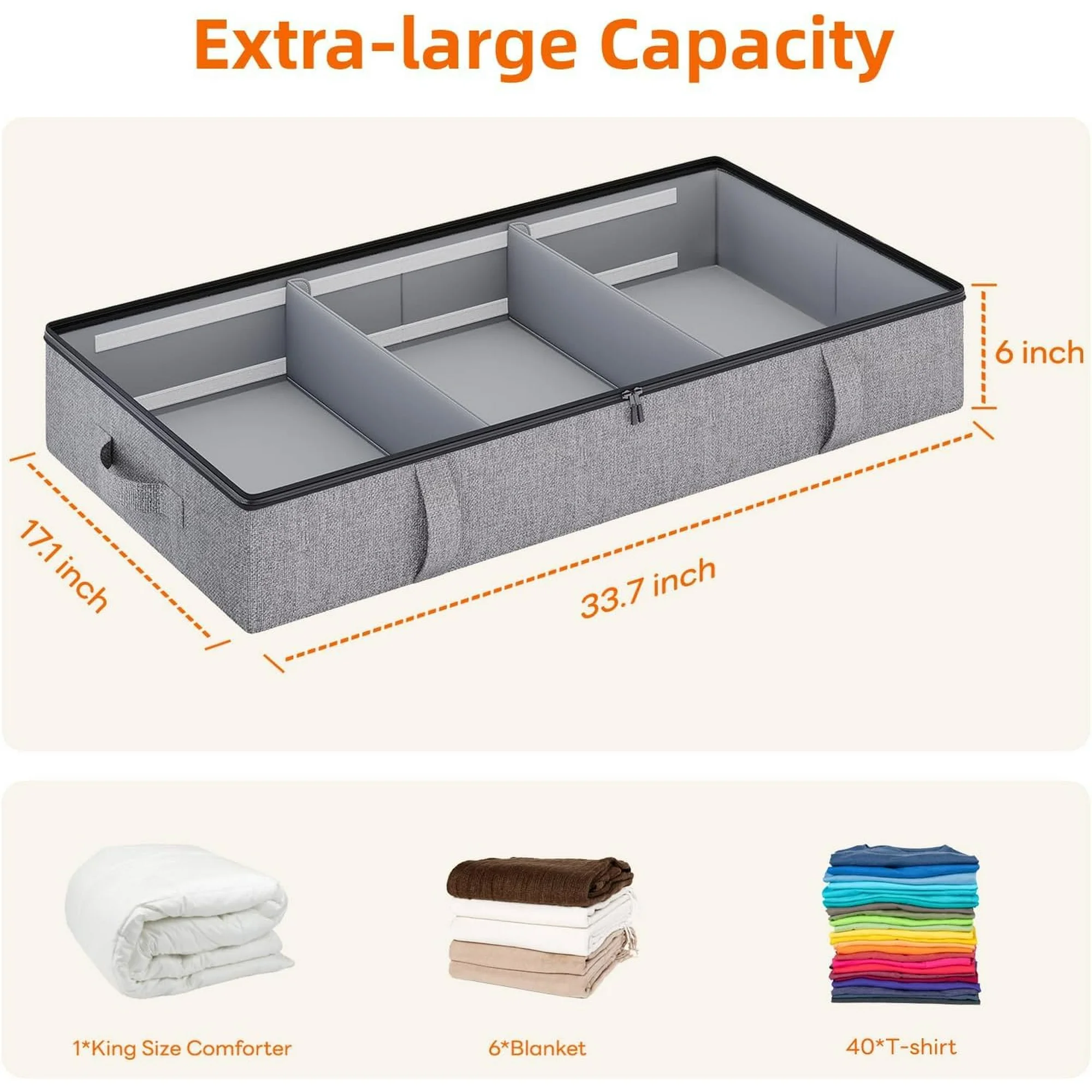 Under Bed Storage, 2 Pack Under Bed Storage Containers with Dividers, Firm Sides, Strong Zipper, 3 Reinforced Handles, 6 Inches Low Profile Underbed Storage Bins for Clothes, Blankets, Grey
