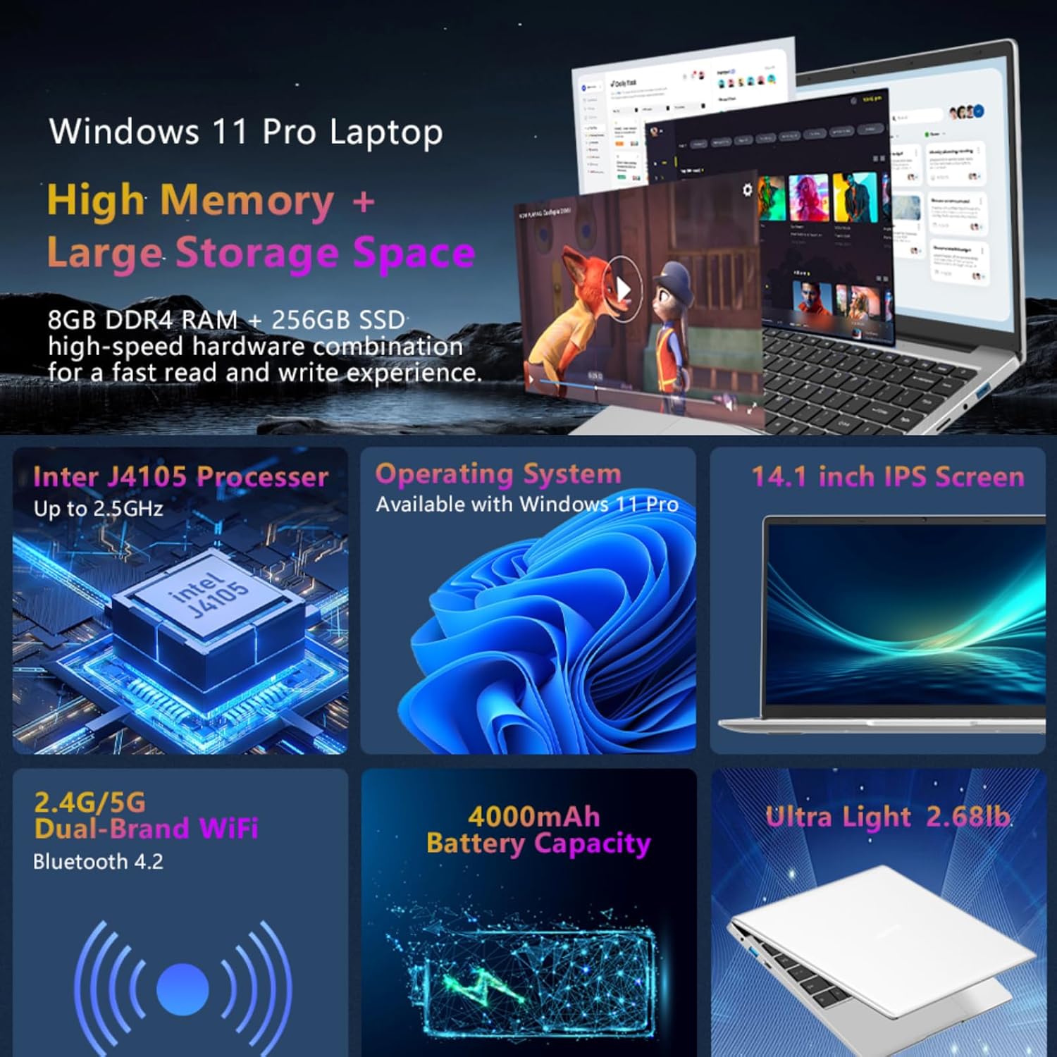 Laptop Computer 8GB DDR4 256GB SSD Quad-Core Intel Celeron J4105(Up to 2.5GHz), 14.1 inch 1080P FHD Traditional Laptops, WiFi, Webcam, USB3.0, Mini HDMI, Windows 11 Pro