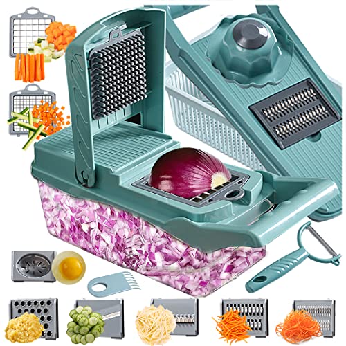13-in-1 Vegetable Chopper - Vegetable Slicer - Egg Separator - Onion Chopper with Container - Pro Food Chopper - Grey Slicer Dicer Cutter - 8 Blades -1 peeler