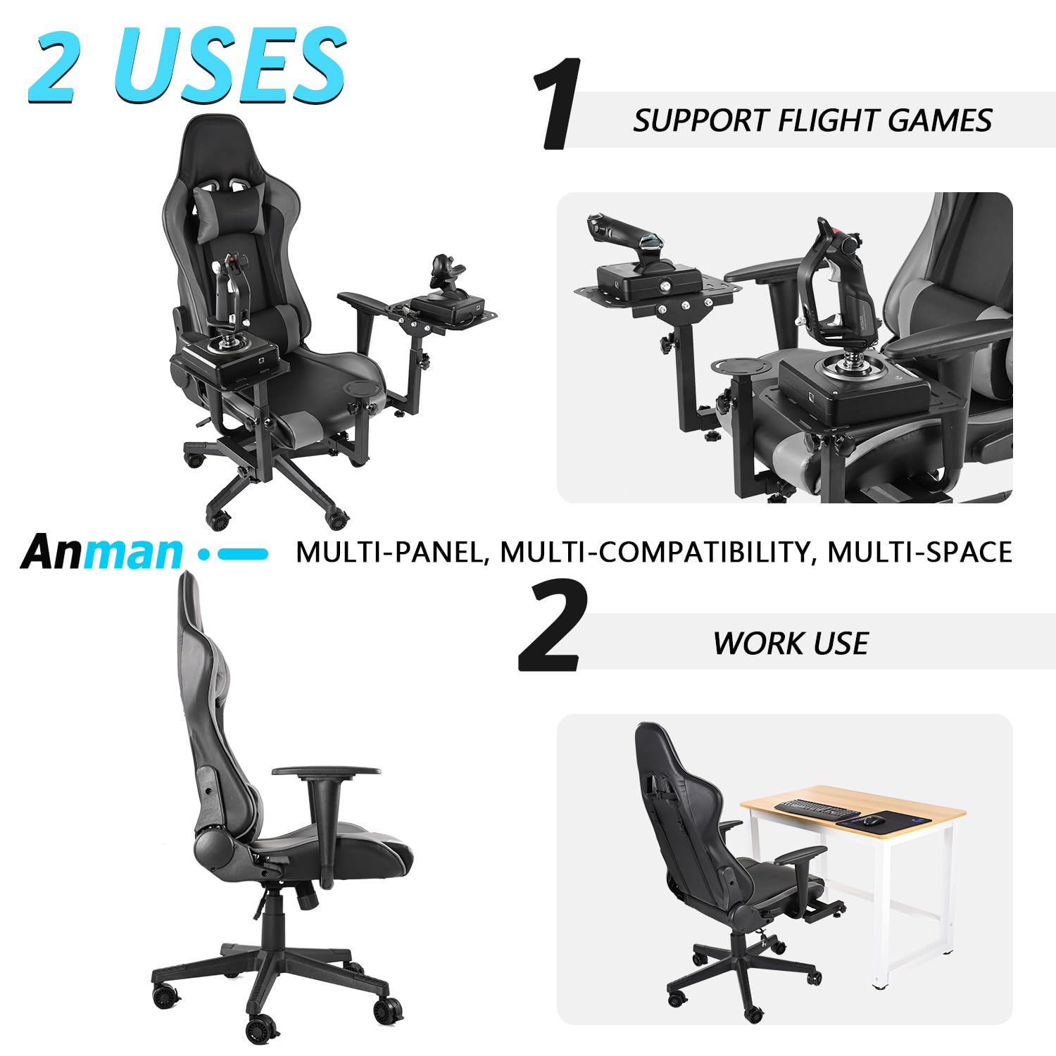 Anman Multifunctional Flight Racing Simulator Cockpit Joystick/Hotas Mount with Chair Fit for Thrustmaster A10C Hotas Warthog Logitech X56 X52 race car seat Adjustable Racing Steering Wheel Mount